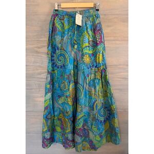 The Little Bazaar Womens SM Turquoise Paisley Floral Tiered Wide Leg Pants NWT